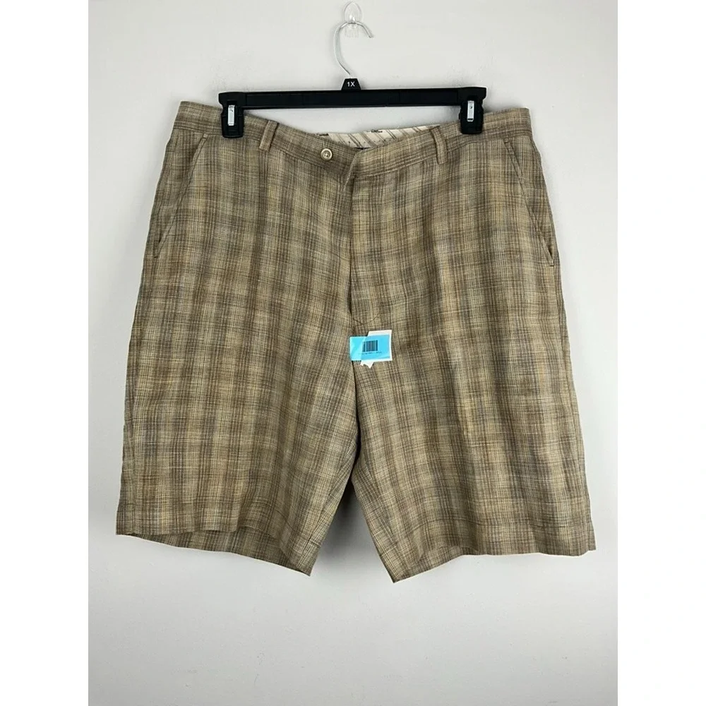 Tommy Bahama Linen‎ Silk Shorts Men's 38 Brown Plaid Dress Golf